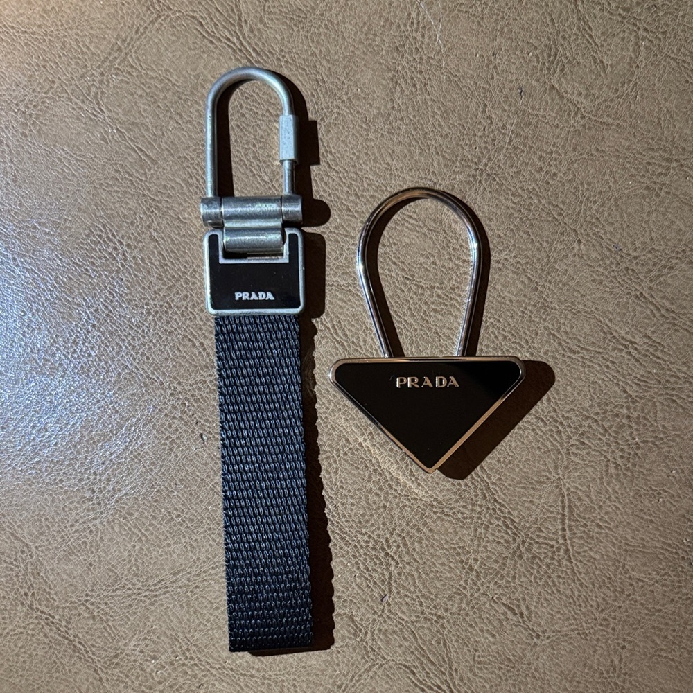 Prada Black Nylon Strap & Triangle Logo Keyring Set